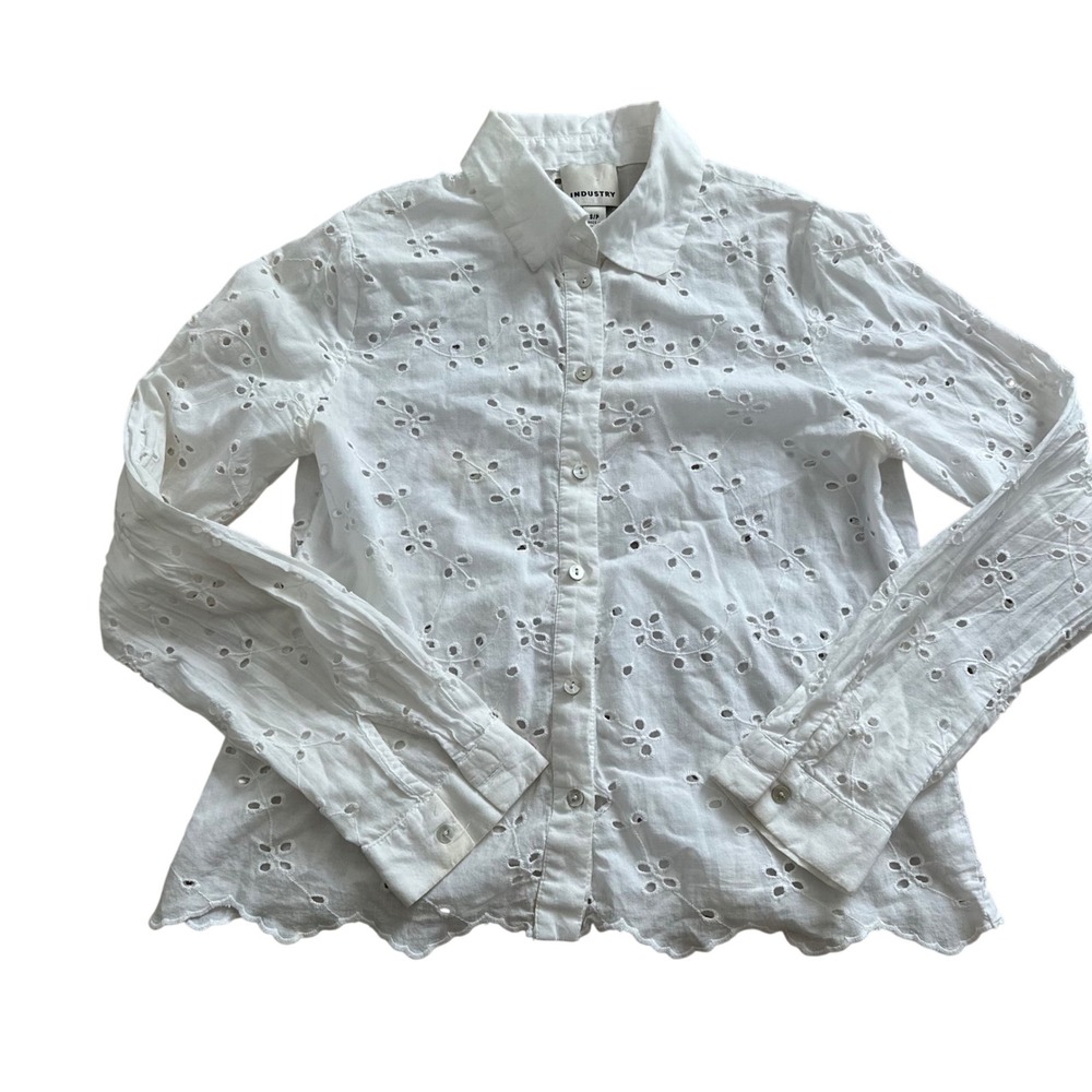 Industry White Eyelet Cotton Button Down Shirt Scalloped Hem Long Sleeve Boho